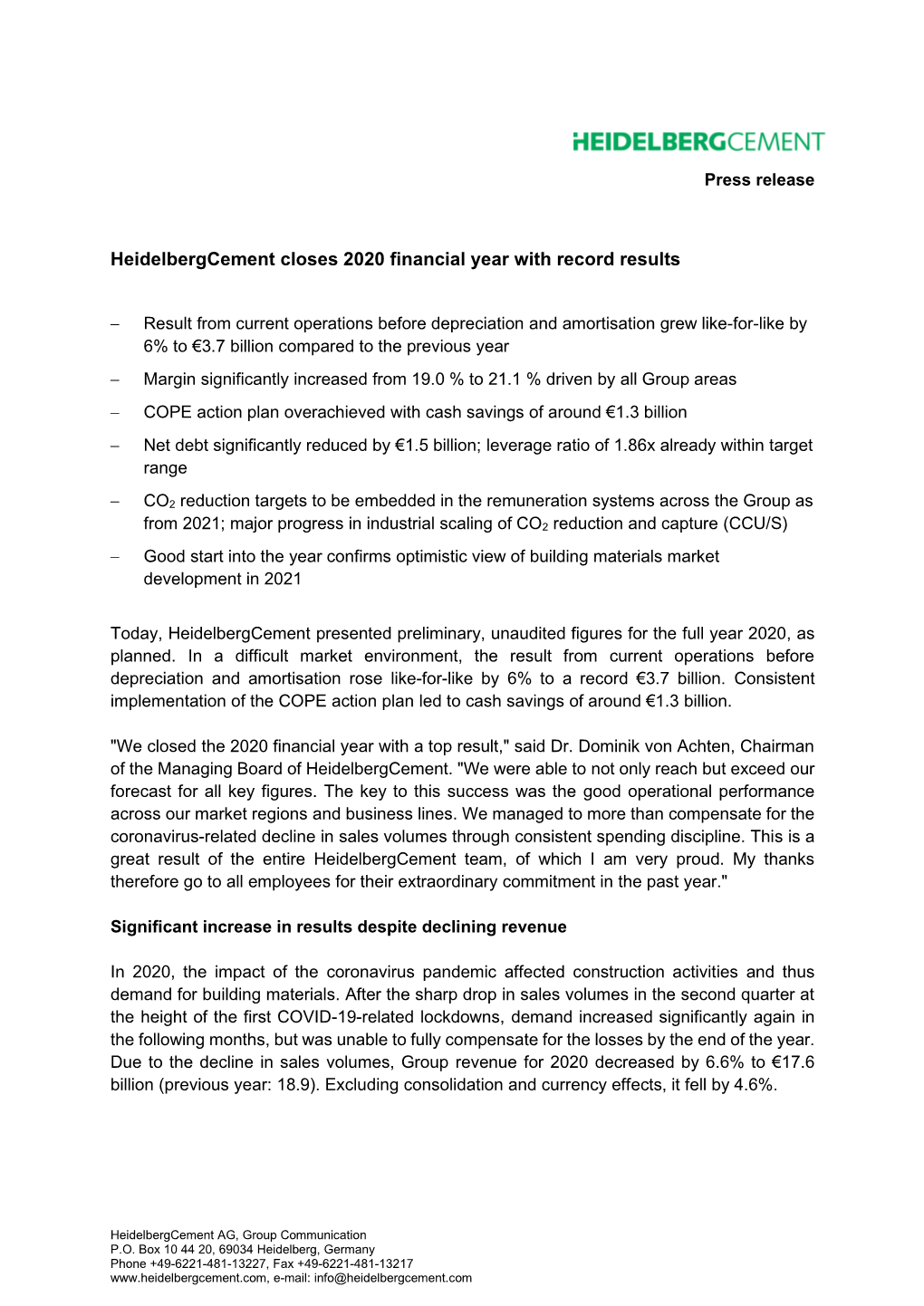 Heidelbergcement Closes 2020 Financial Year with Record Results