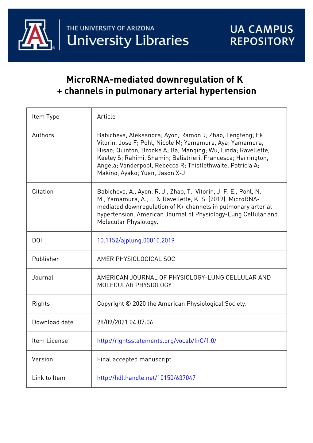 Microrna-Mediated Downregulation of K+ Channels in Pulmonary Arterial Hypertension