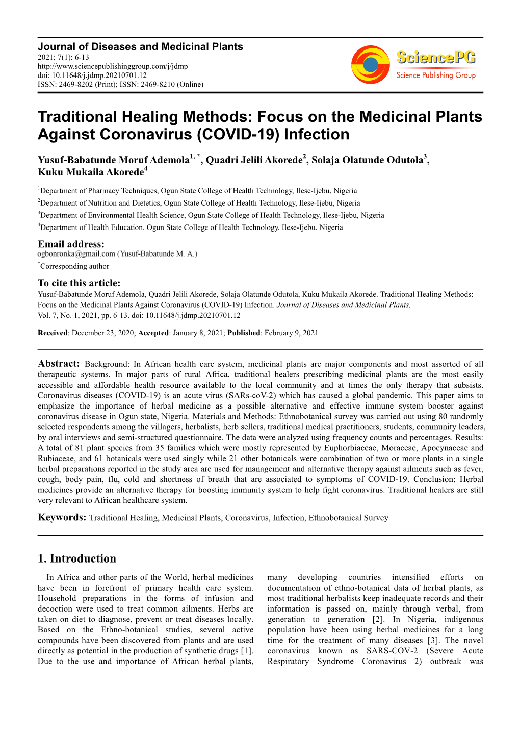 Traditional Healing Methods: Focus on the Medicinal Plants Against Coronavirus (COVID-19) Infection