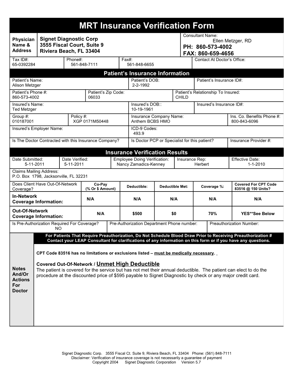 MRT Insurance Verification Form