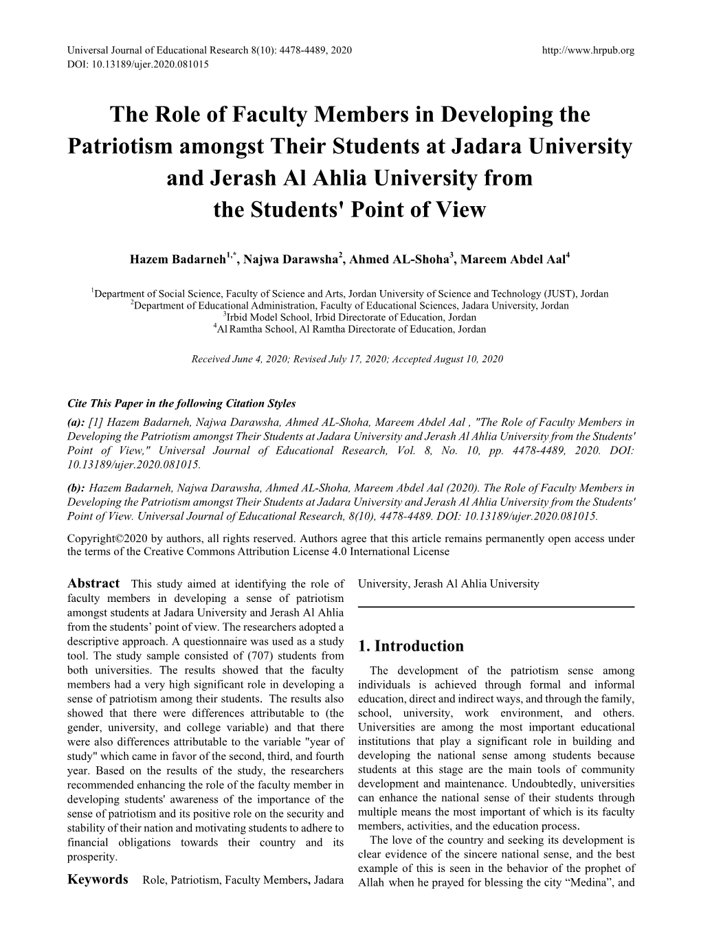 The Role of Faculty Members in Developing the Patriotism Amongst Their Students at Jadara University and Jerash Al Ahlia University from the Students' Point of View