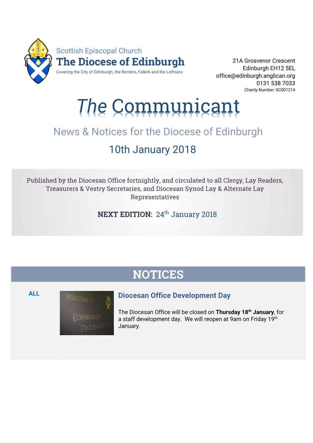 The Communicant News & Notices for the Diocese of Edinburgh 10Th January 2018