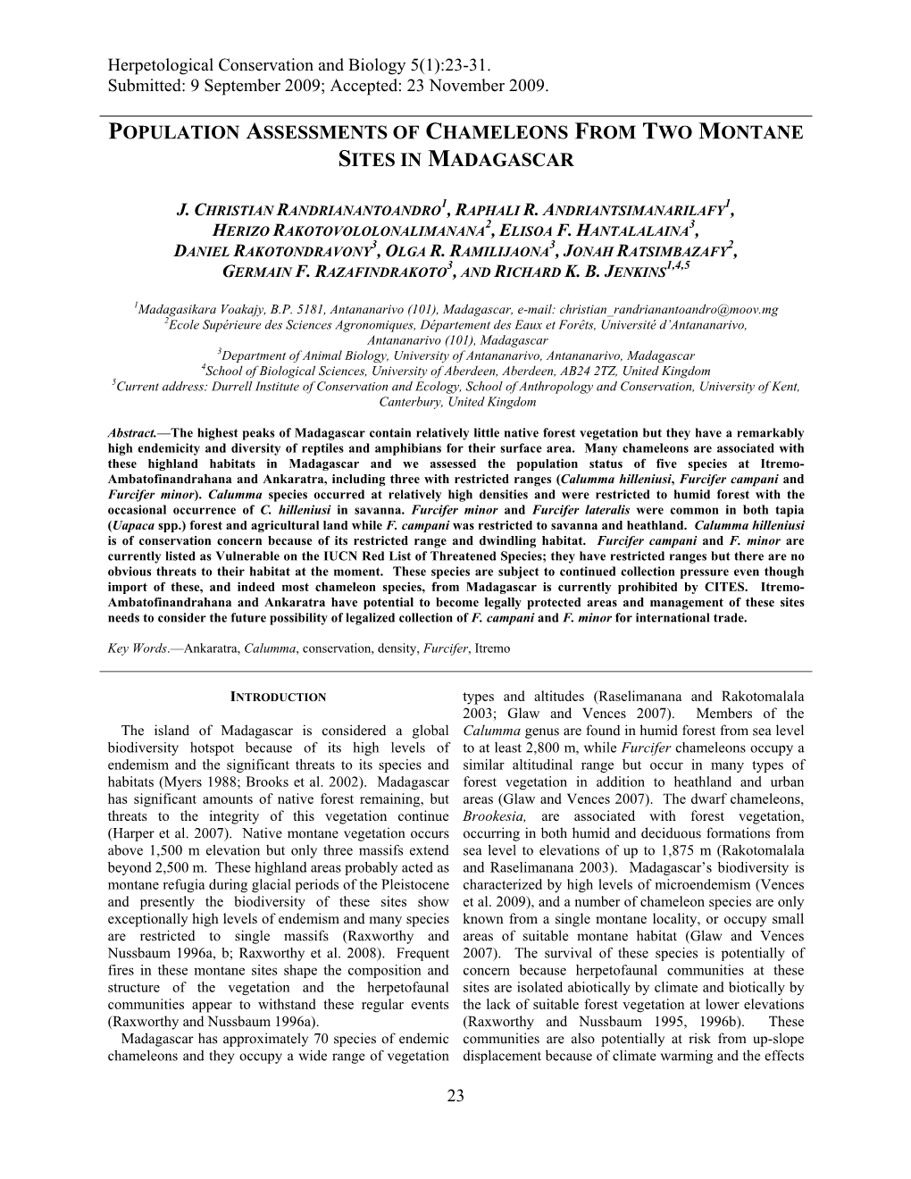 Population Assessments of Chameleons from Two Montane Sites in Madagascar