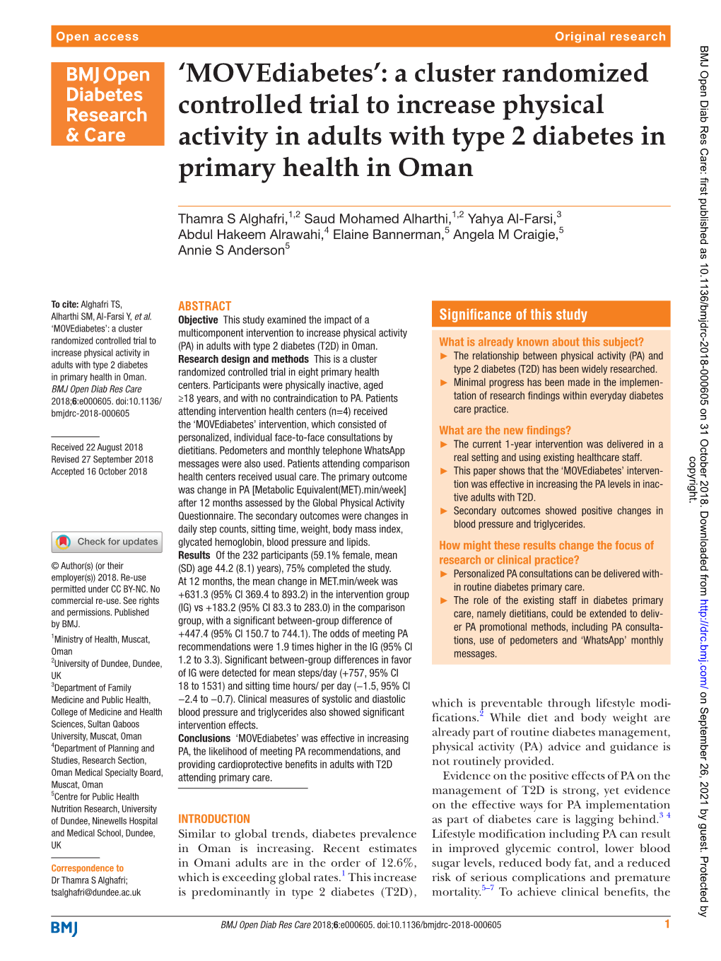 A Cluster Randomized Controlled Trial to Increase Physical Activity in Adults with Type 2 Diabetes in Primary Health in Oman