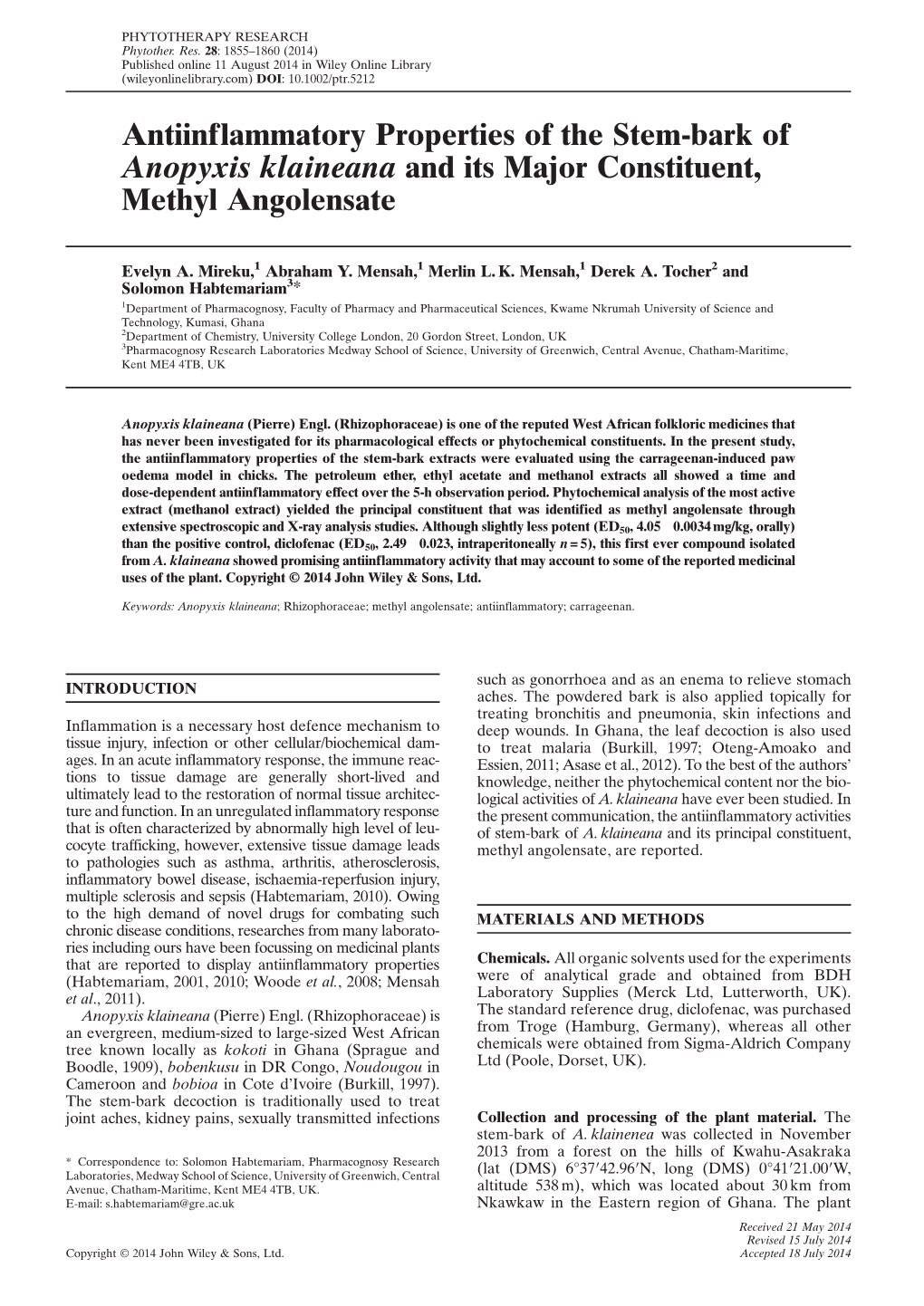 Antiinflammatory Properties of the Stem-Bark of Anopyxis Klaineana and Its Major Constituent, Methyl Angolensate