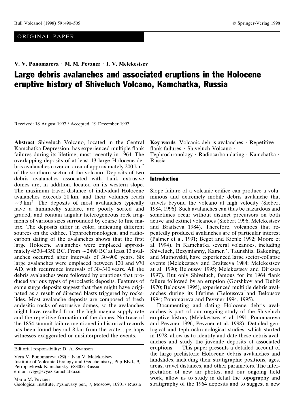 Large Debris Avalanches and Associated Eruptions in the Holocene Eruptive History of Shiveluch Volcano, Kamchatka, Russia