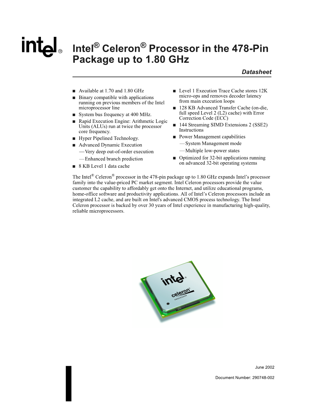 Intel® Celeron® Processor in the 478-Pin Package up to 1.80 Ghz Datasheet