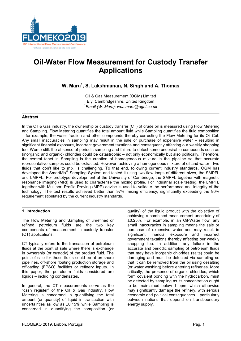 Oil-Water Flow Measurement for Custody Transfer Applications