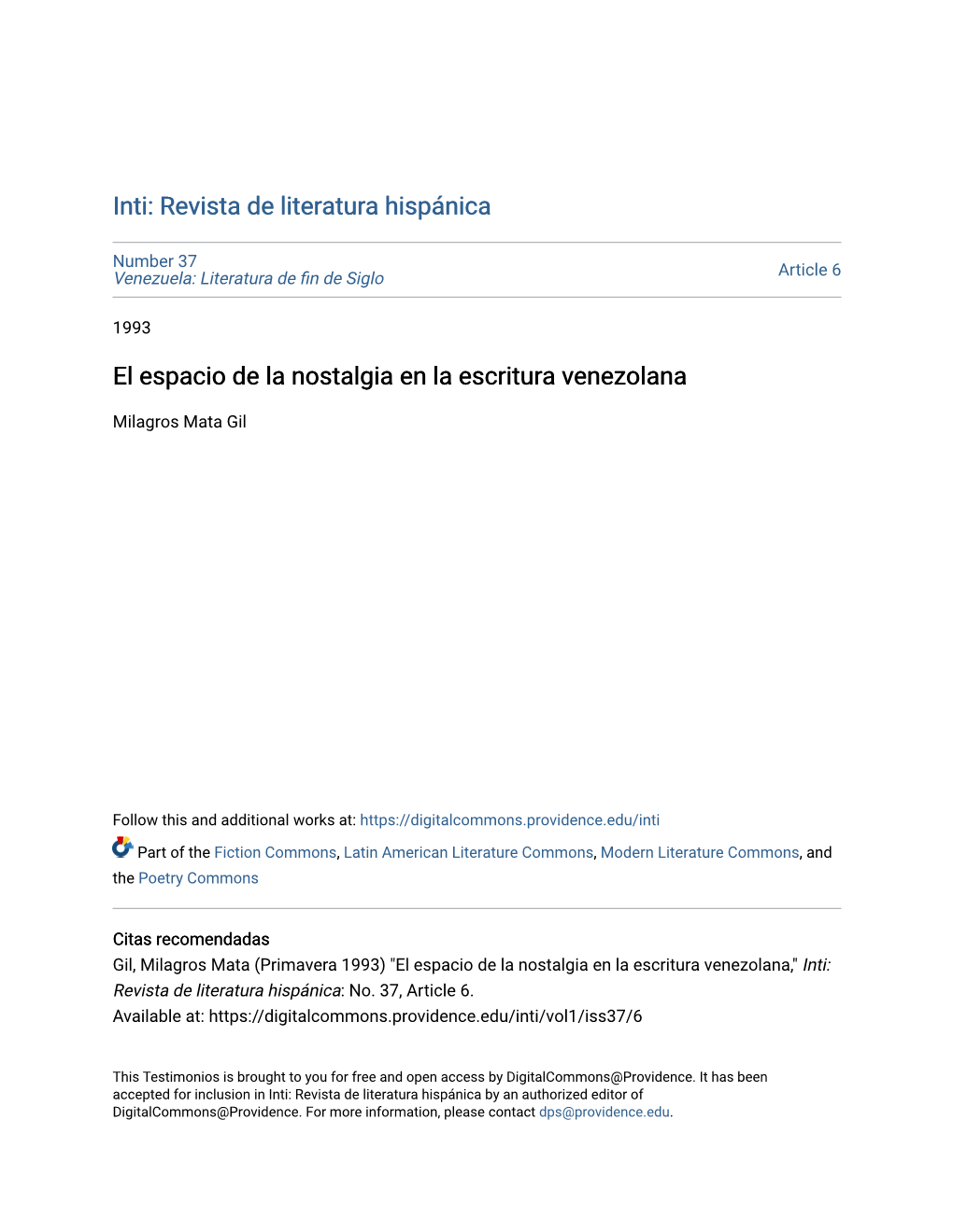 El Espacio De La Nostalgia En La Escritura Venezolana