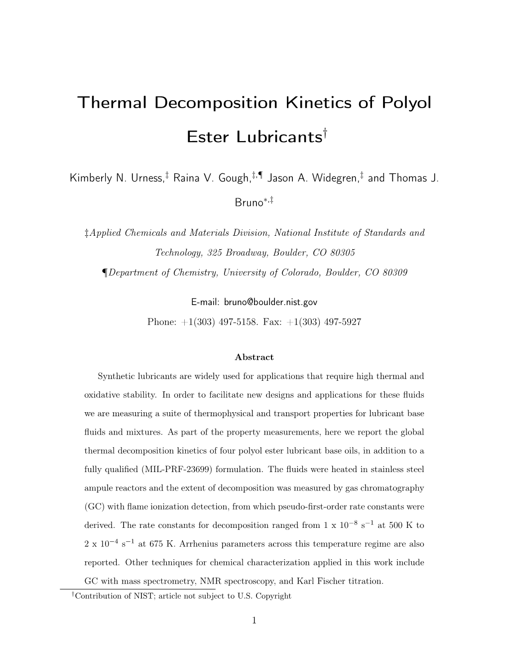 Thermal Decomposition Kinetics of Polyol Ester Lubricants†