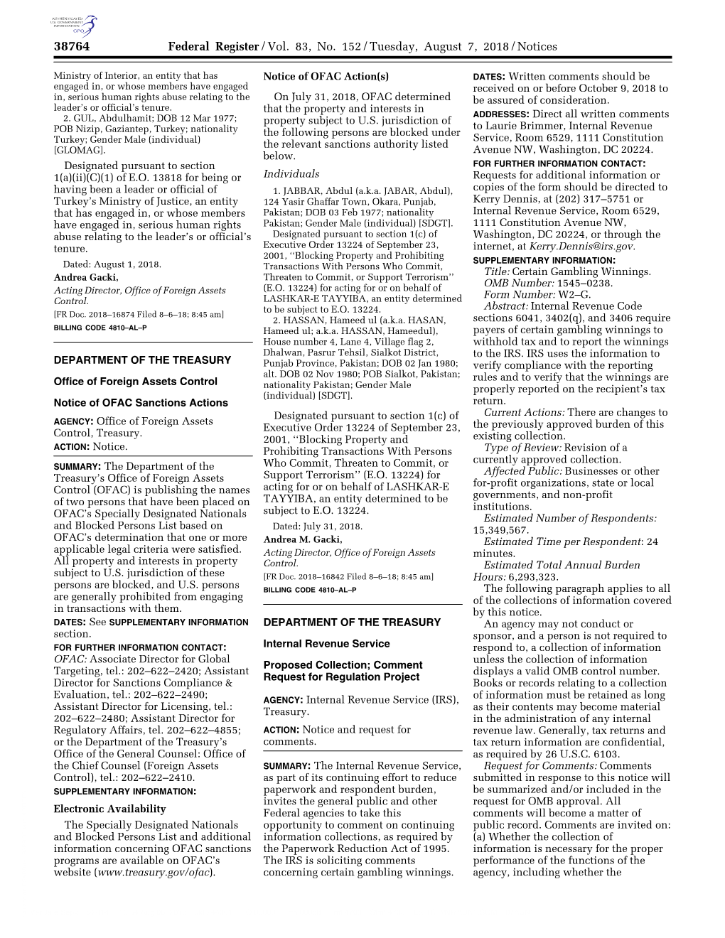 Federal Register/Vol. 83, No. 152/Tuesday, August 7, 2018/Notices