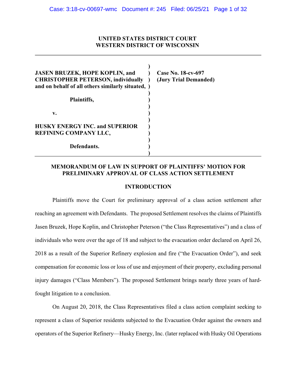 Memorandum of Law in Support of Plaintiffs’ Motion for Preliminary Approval of Class Action Settlement