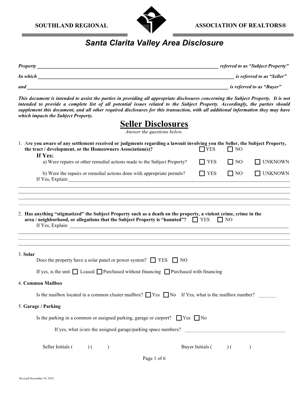 Seller Disclosures Answer the Questions Below