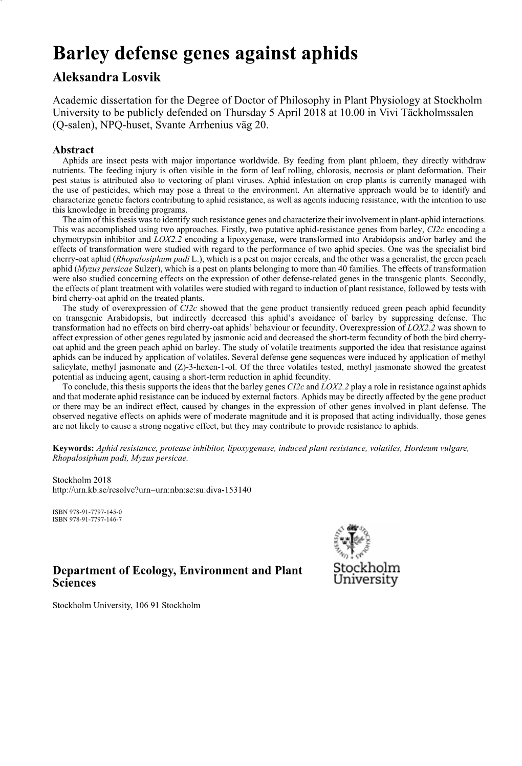 Barley Defense Genes Against Aphids