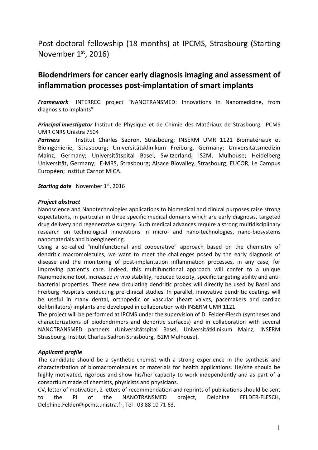 Post-Doctoral Fellowship (18 Months) at IPCMS, Strasbourg (Starting St November 1 , 2016)