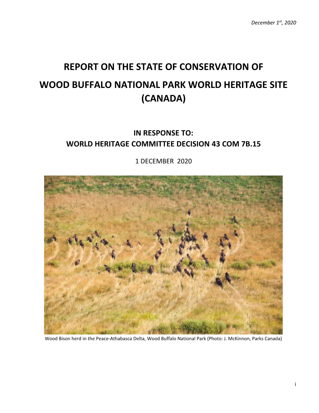 Report on the State of Conservation of Wood Buffalo National Park World Heritage Site (Canada)