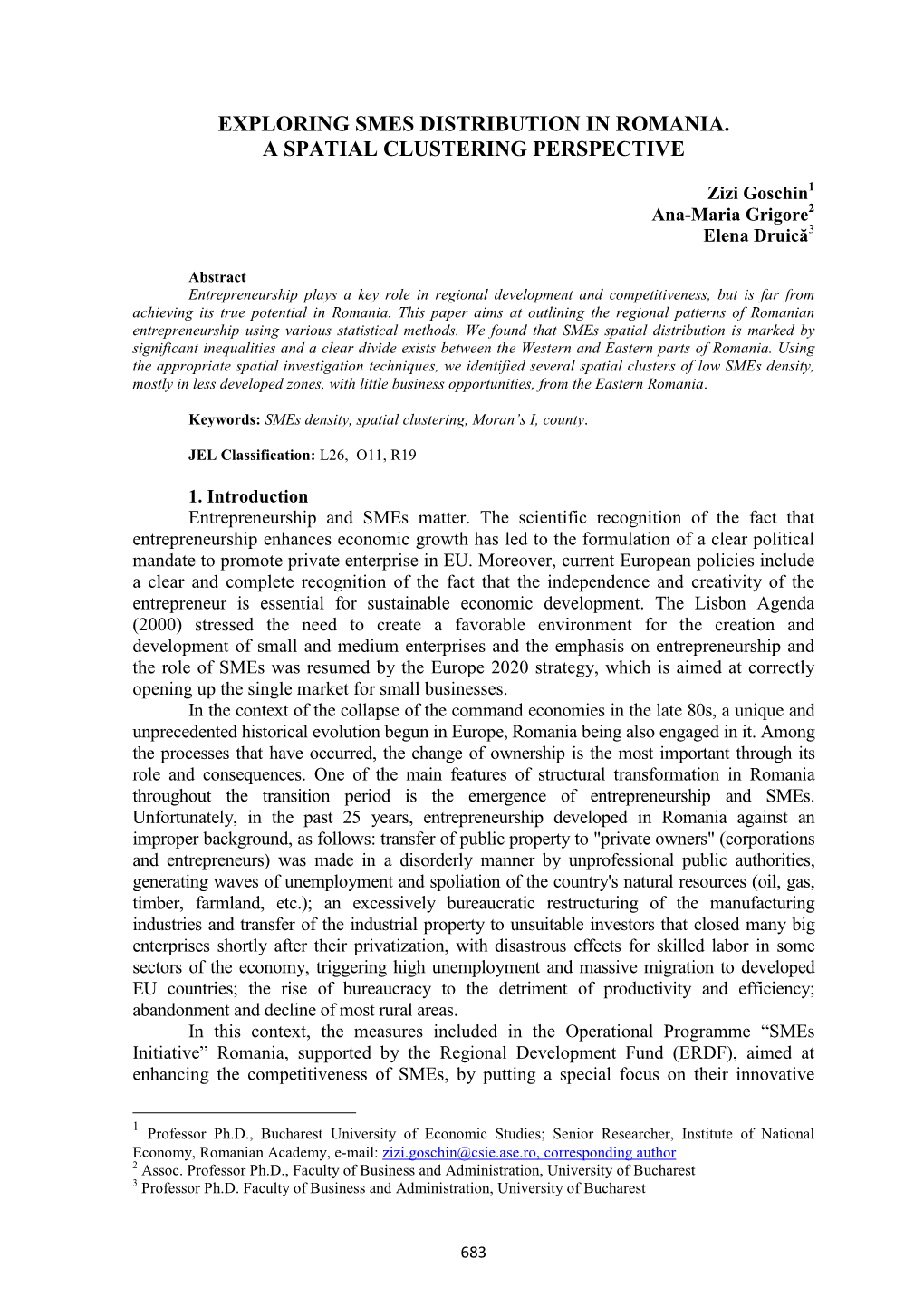 Exploring Smes Distribution in Romania. a Spatial Clustering Perspective