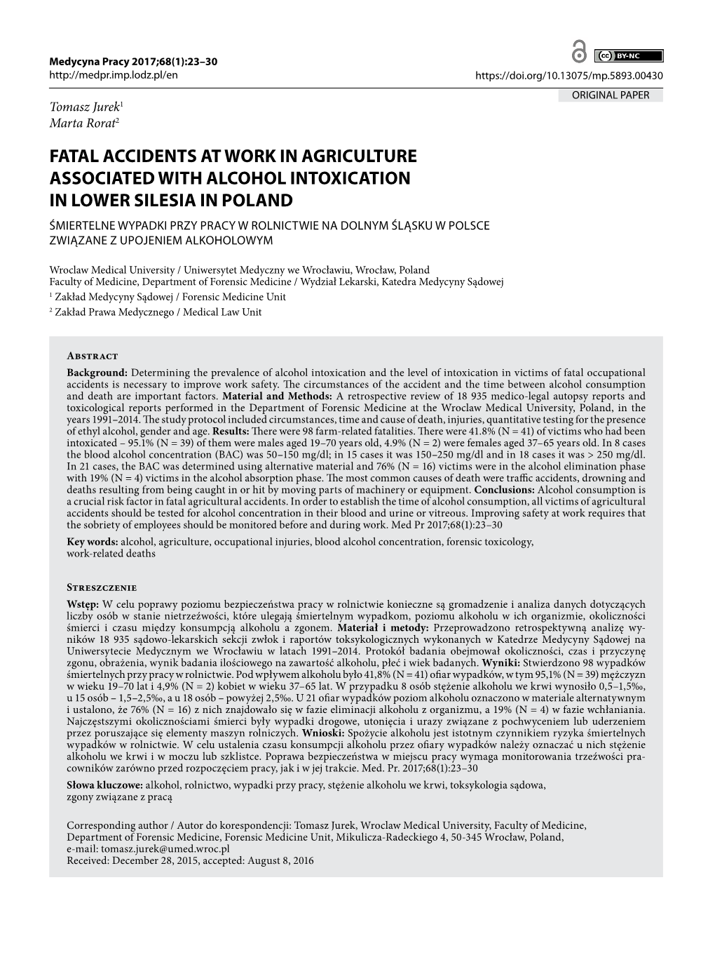 Fatal Accidents at Work in Agriculture Associated with Alcohol Intoxication in Lower Silesia in Poland