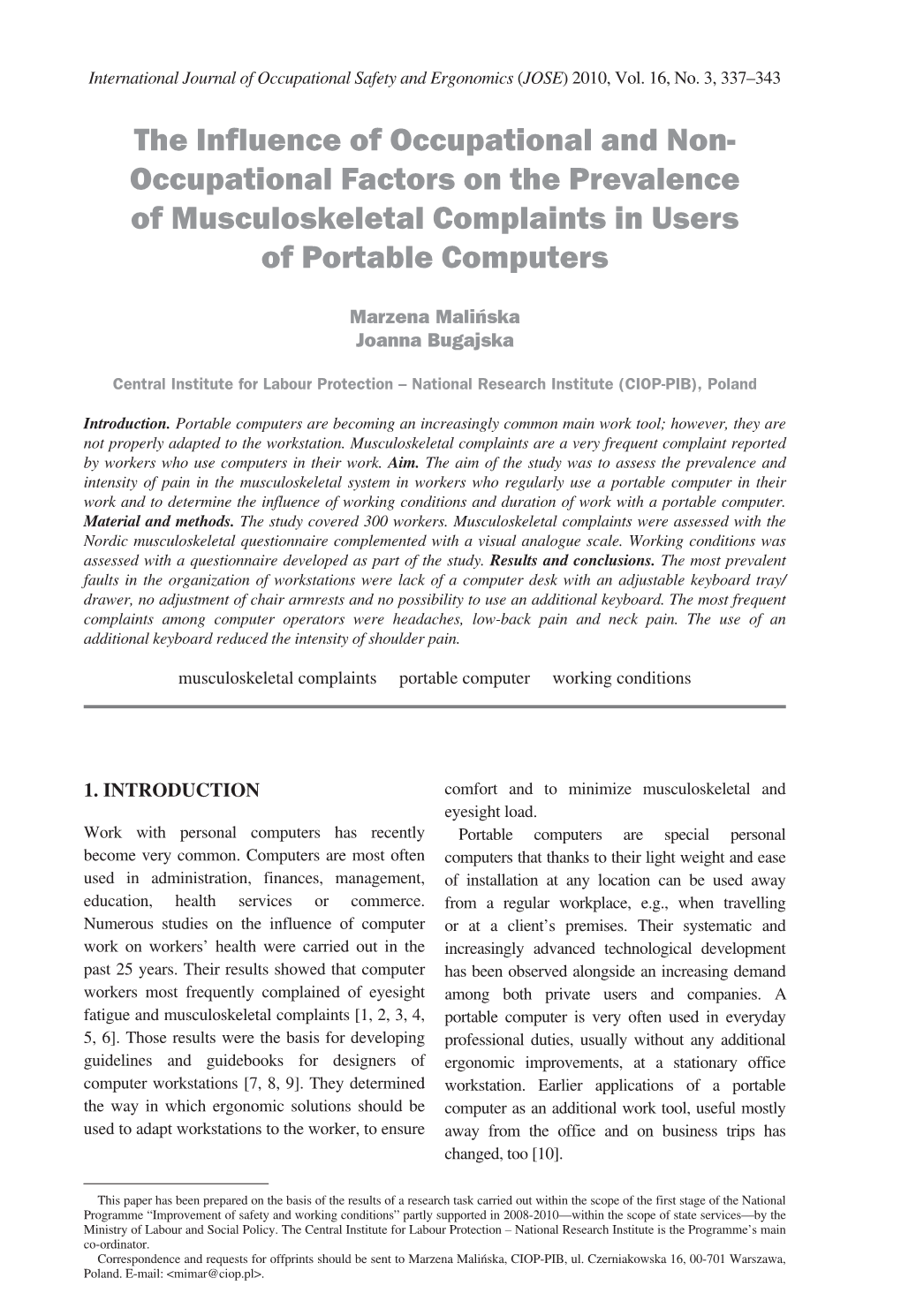 The Influence of Occupational and Non- Occupational Factors on the Prevalence of Musculoskeletal Complaints in Users of Portable Computers