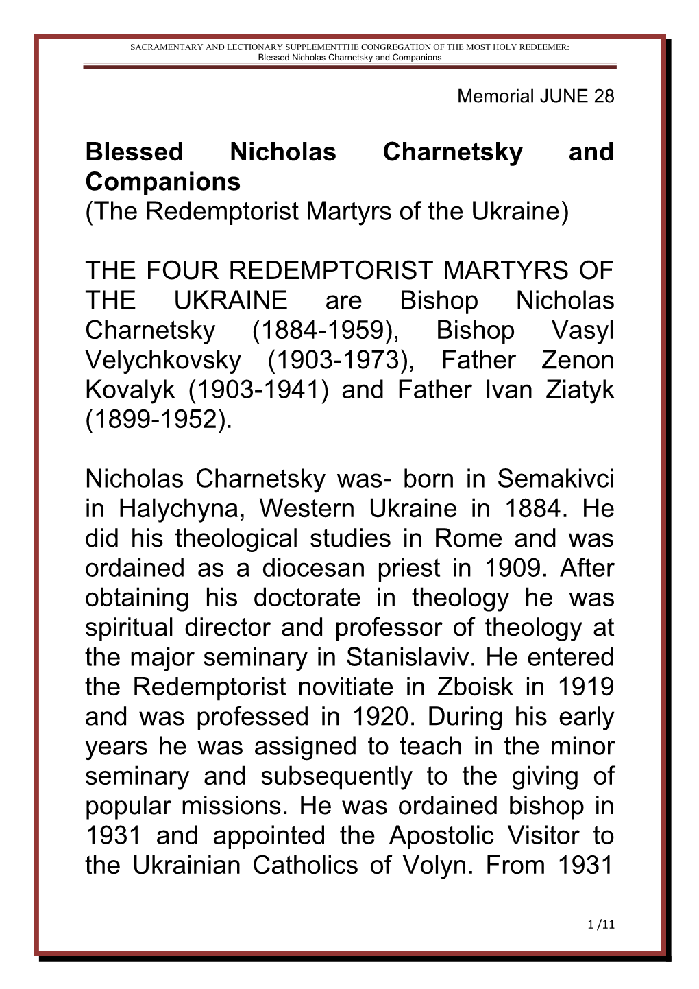 SACRAMENTARY and LECTIONARY SUPPLEMENTTHE CONGREGATION of the MOST HOLY REDEEMER: Blessed Nicholas Charnetsky and Companions