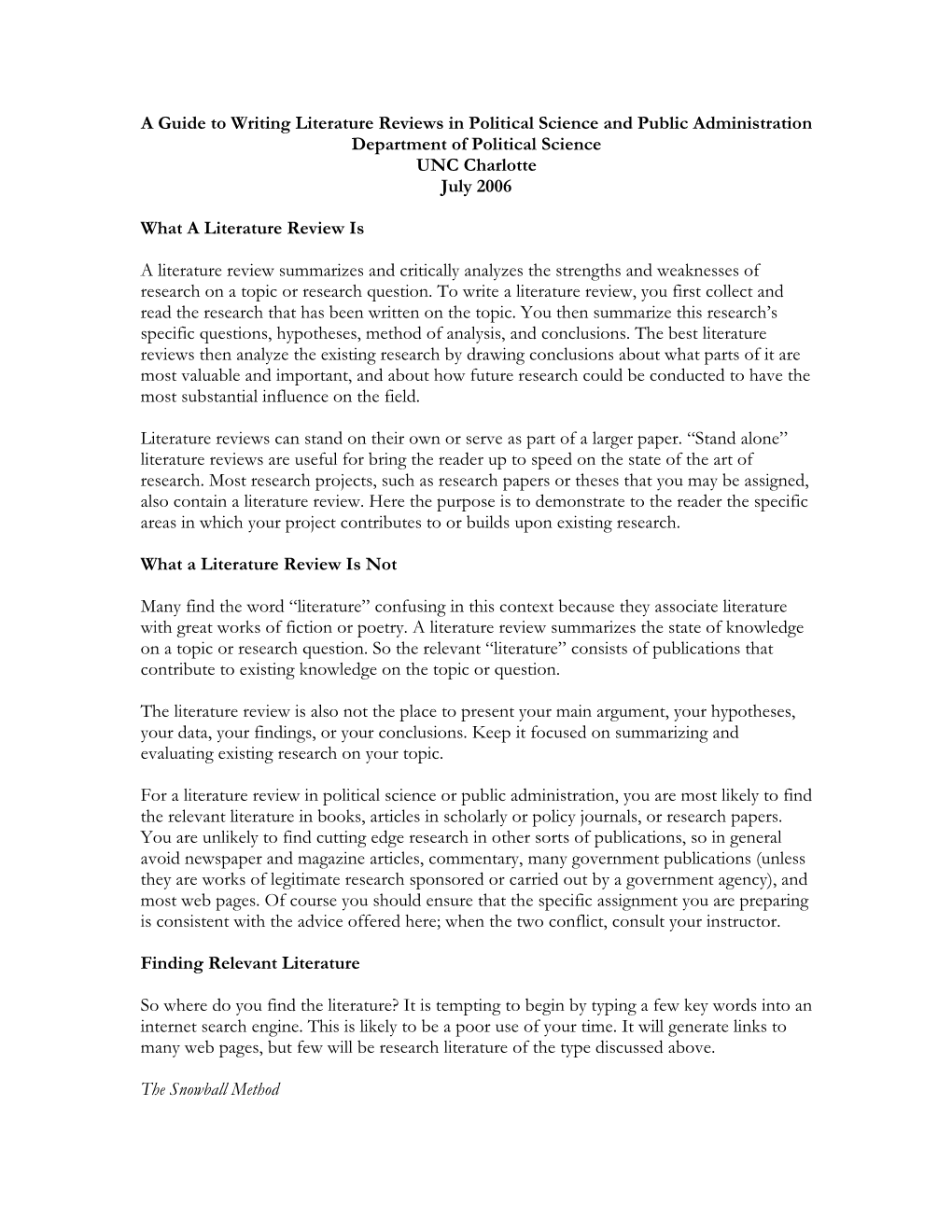 A Guide to Writing Literature Reviews in Political Science and Public Administration Department of Political Science UNC Charlotte July 2006