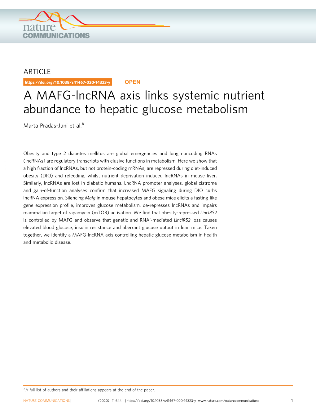 A MAFG-Lncrna Axis Links Systemic Nutrient Abundance to Hepatic Glucose Metabolism