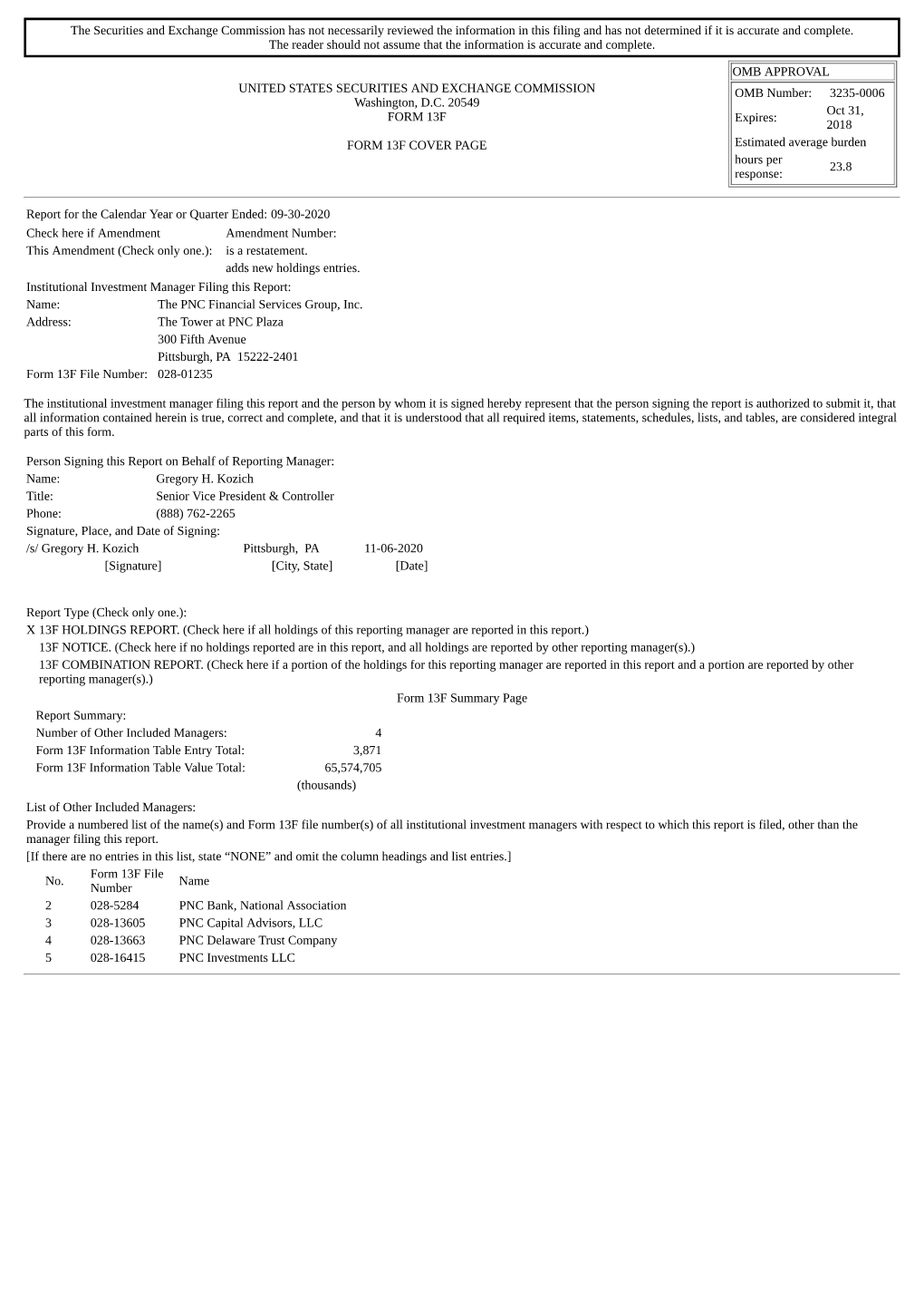 The Securities and Exchange Commission Has Not Necessarily Reviewed the Information in This Filing and Has Not Determined If It Is Accurate and Complete