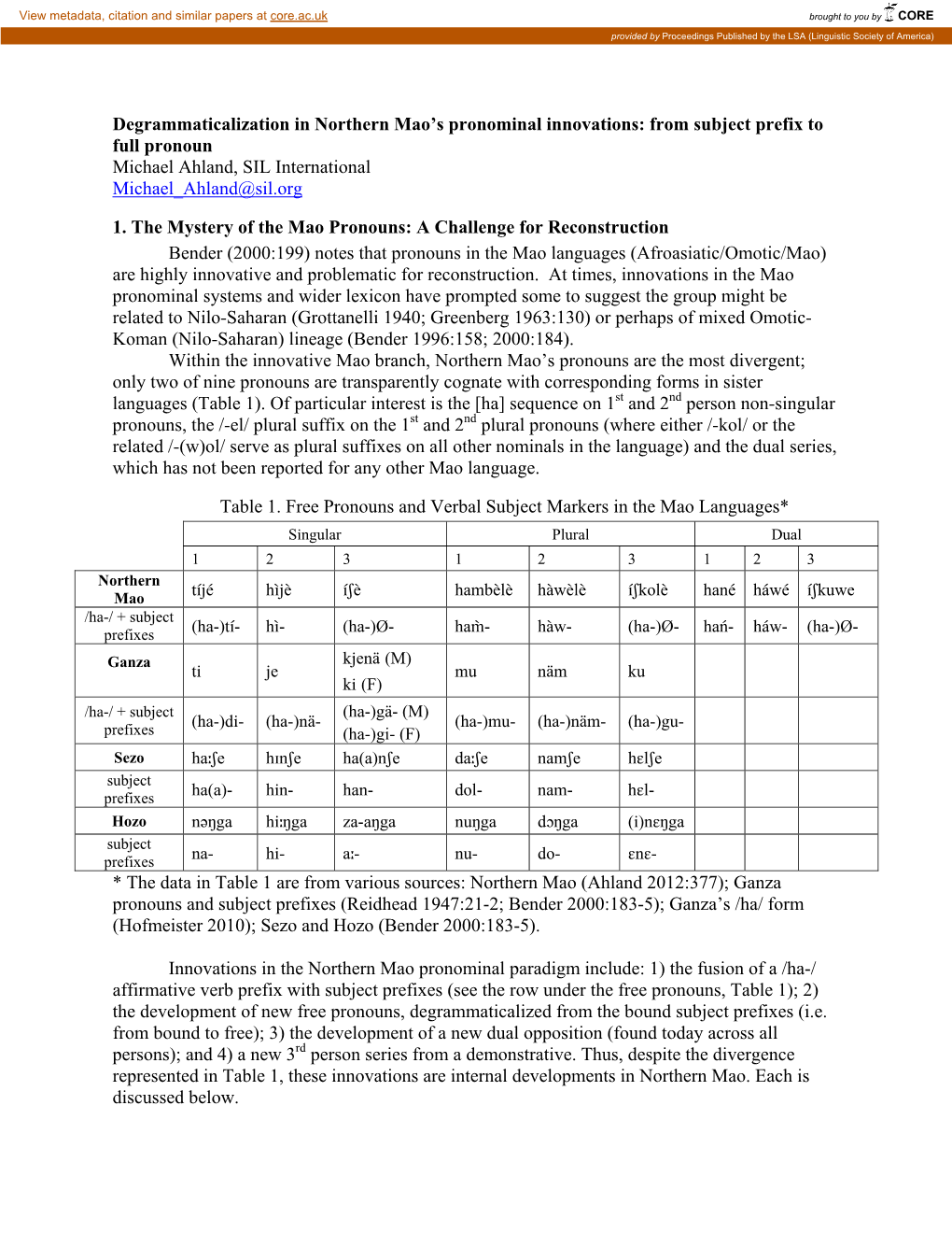 Degrammaticalization in Northern Mao's Pronominal