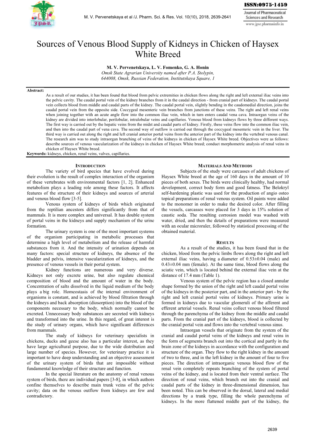 Sources of Venous Blood Supply of Kidneys in Chicken of Haysex White Breed