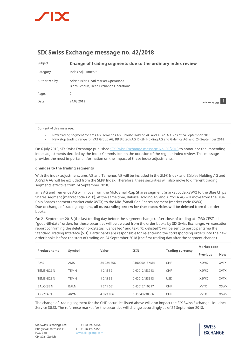 SIX Swiss Exchange Message No. 42/2018