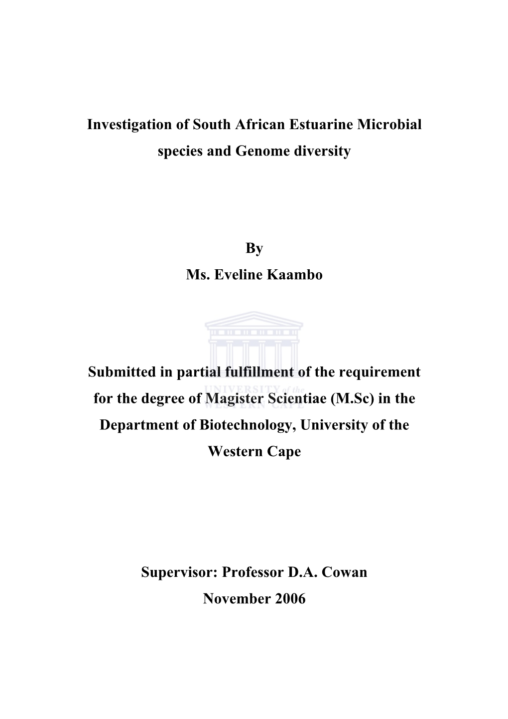 Investigation of South African Estuarine Microbial Species and Genome Diversity