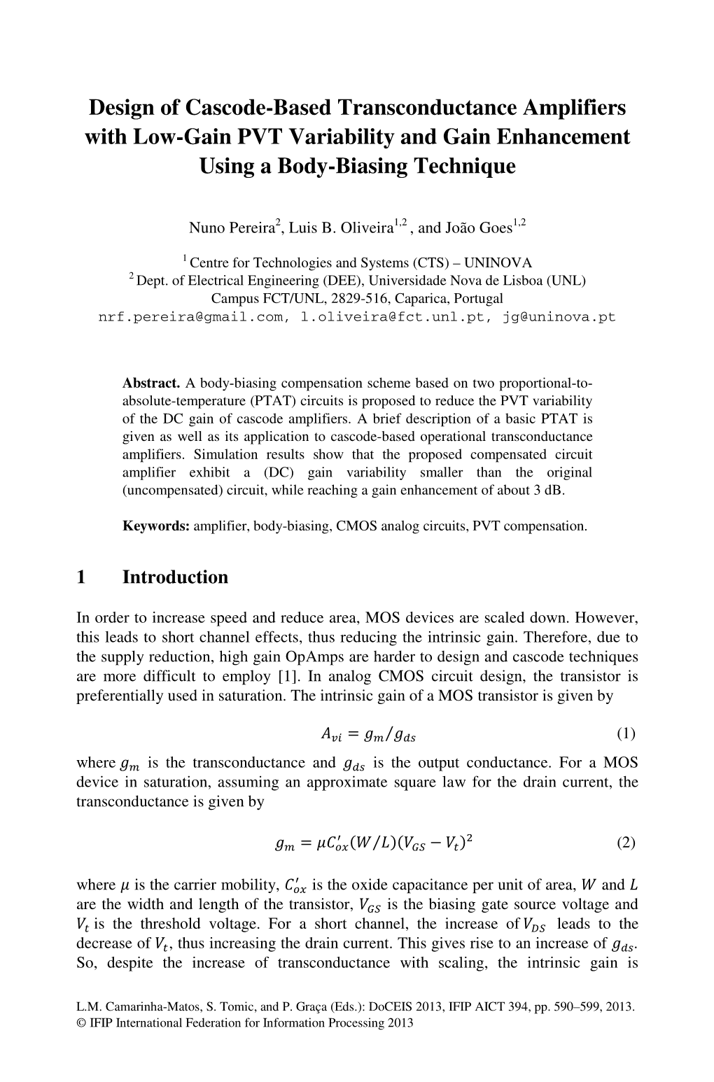 Design of Cascode-Based Transconductance Amplifiers with Low-Gain PVT Variability and Gain Enhancement Using a Body-Biasing Technique