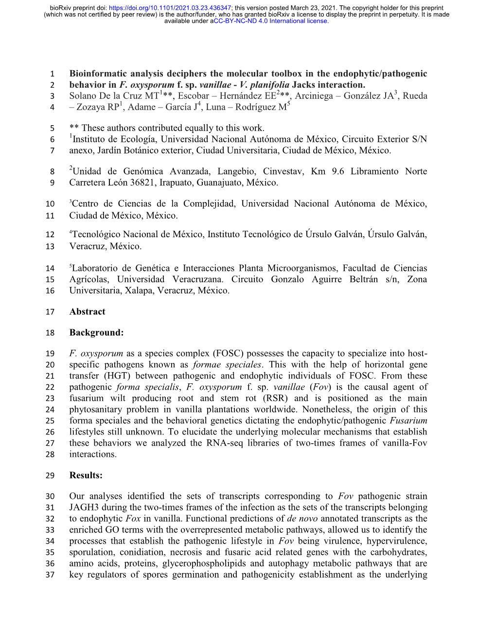 Bioinformatic Analysis Deciphers the Molecular Toolbox in the Endophytic/Pathogenic 2 Behavior in F