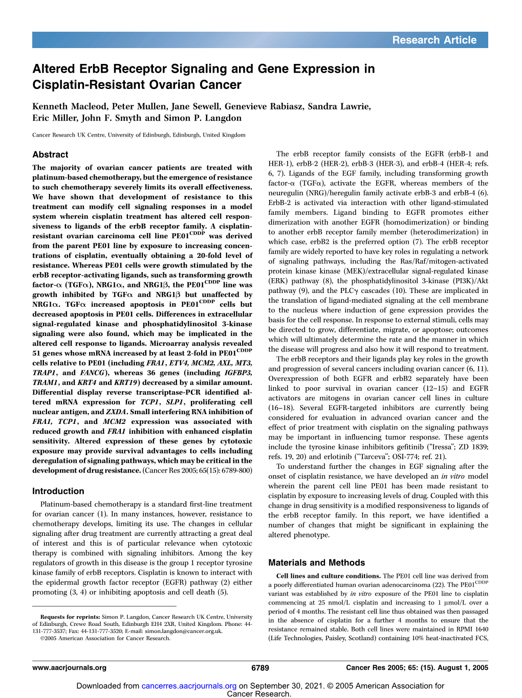 Altered Erbb Receptor Signaling and Gene Expression in Cisplatin-Resistant Ovarian Cancer