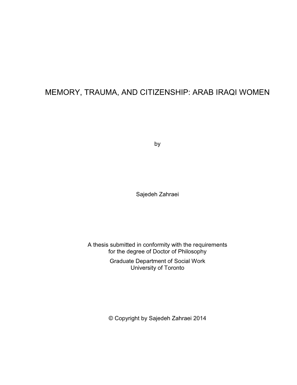 Memory, Trauma, and Citizenship: Arab Iraqi Women