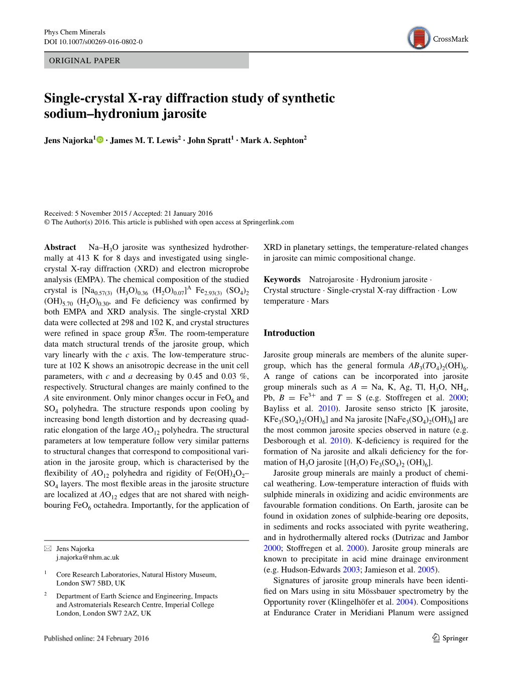 Single-Crystal X-Ray Diffraction Study of Synthetic Sodium–Hydronium Jarosite