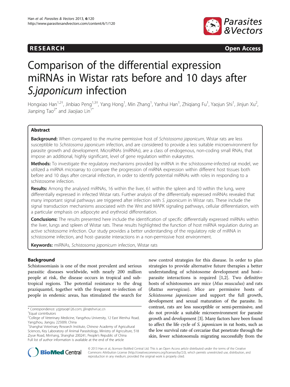 Comparison of the Differential Expression Mirnas in Wistar Rats Before and 10 Days After S. Japonicum Infection