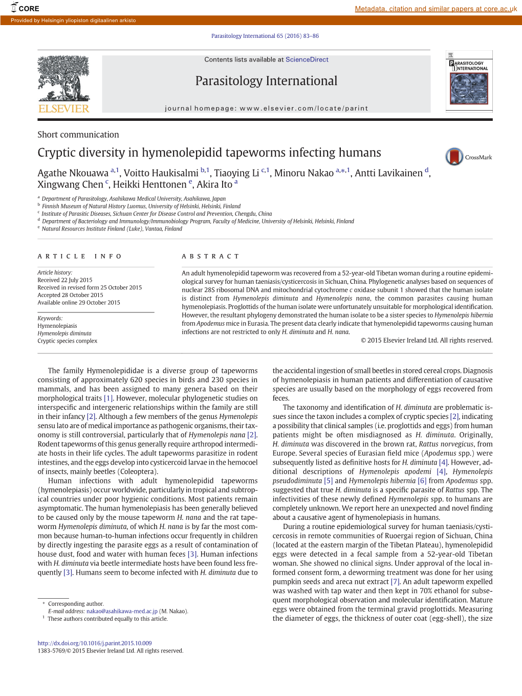 Cryptic Diversity in Hymenolepidid Tapeworms Infecting Humans