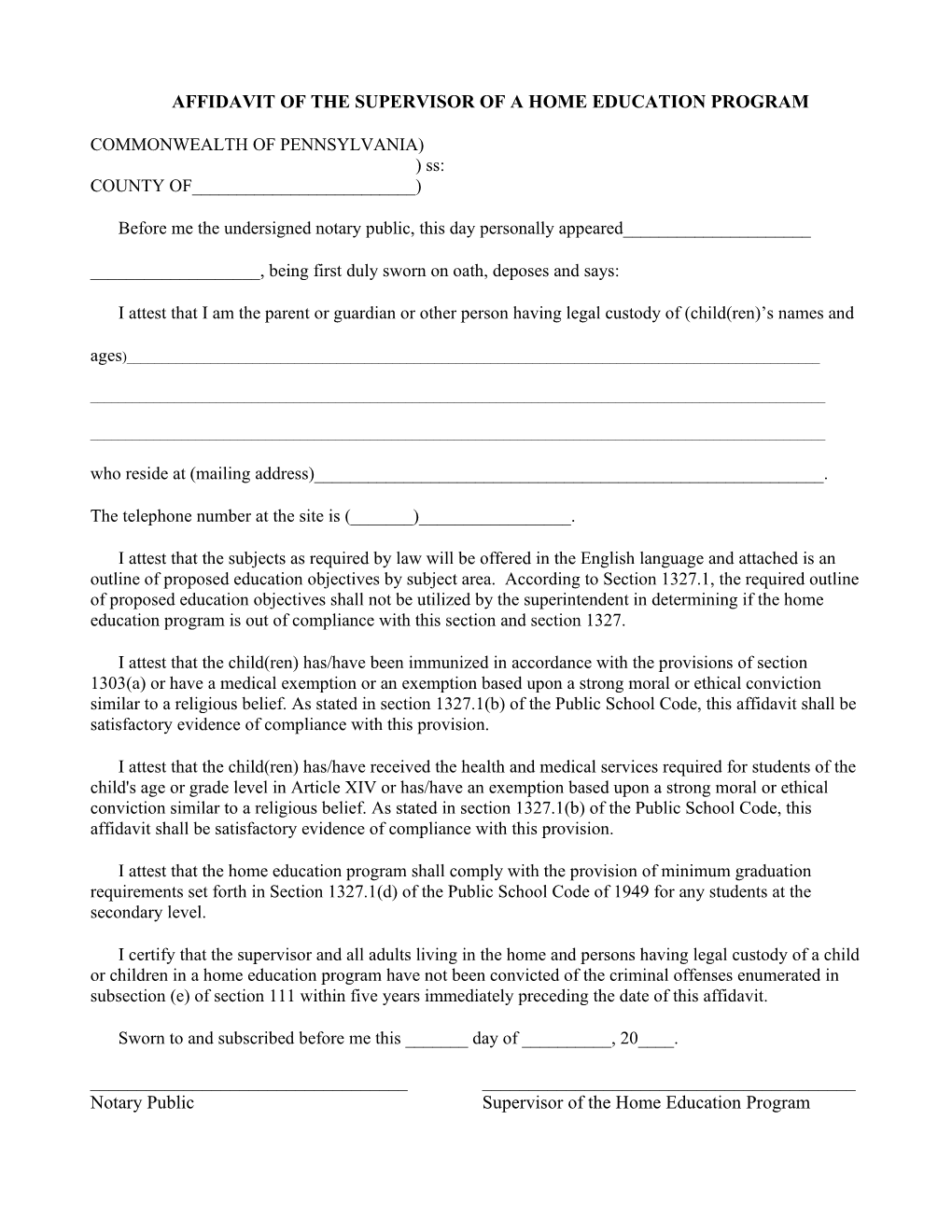 Affidavit of the Supervisor of a Home Education Program