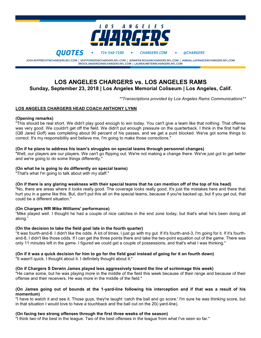 LOS ANGELES CHARGERS Vs. LOS ANGELES RAMS Sunday, September 23, 2018 | Los Angeles Memorial Coliseum | Los Angeles, Calif