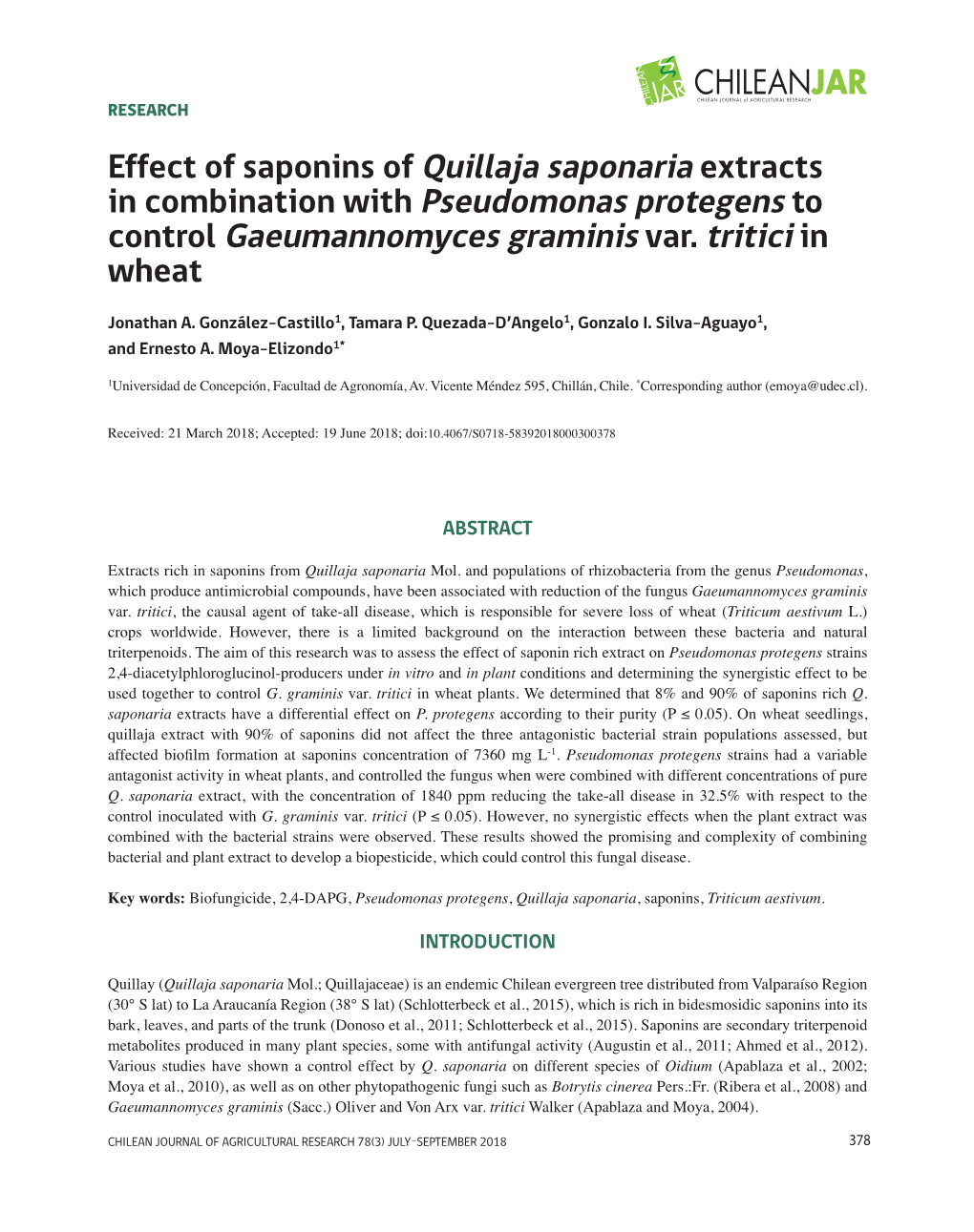 Effect of Saponins of Quillaja Saponaria Extracts in Combination with Pseudomonas Protegens to Control Gaeumannomyces Graminis Var
