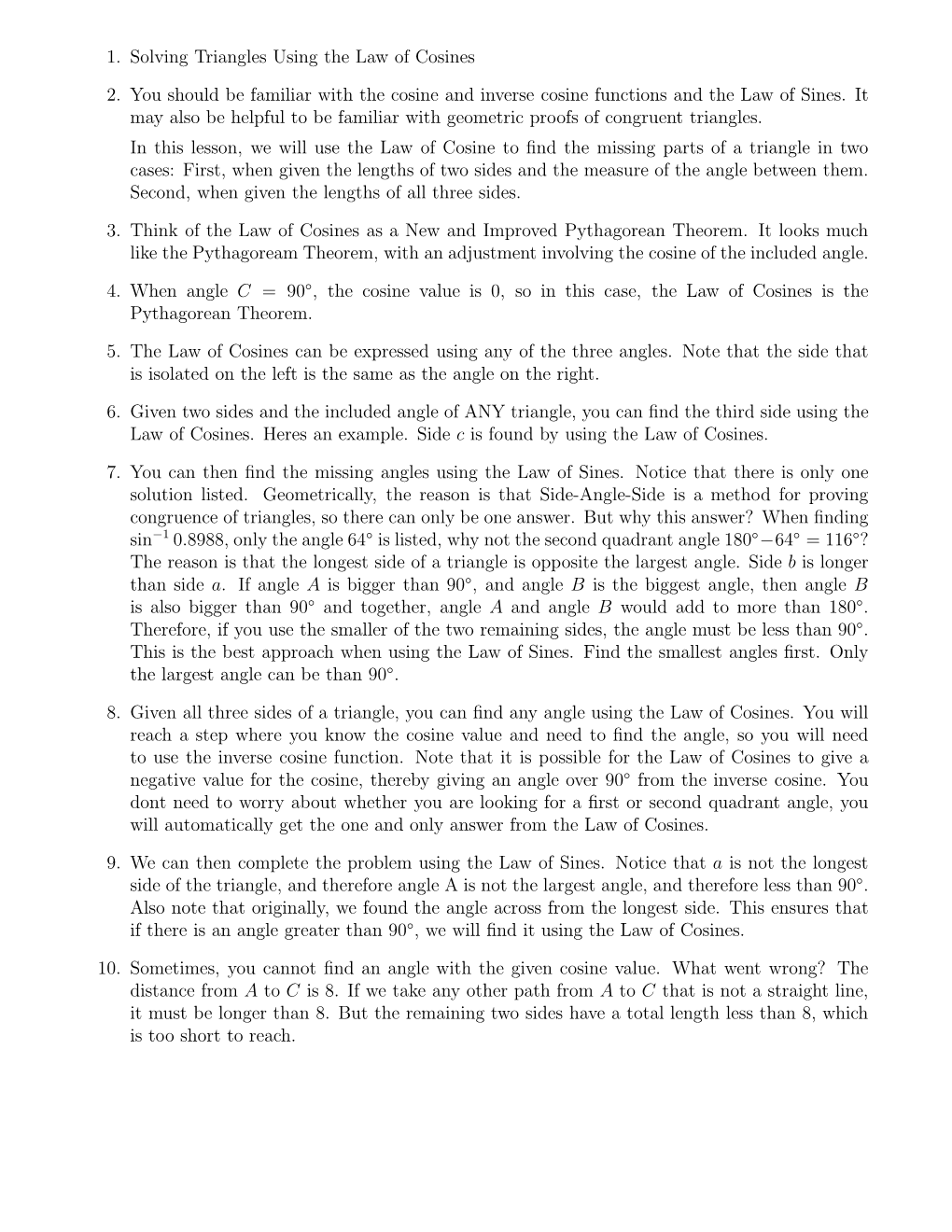 1. Solving Triangles Using the Law of Cosines