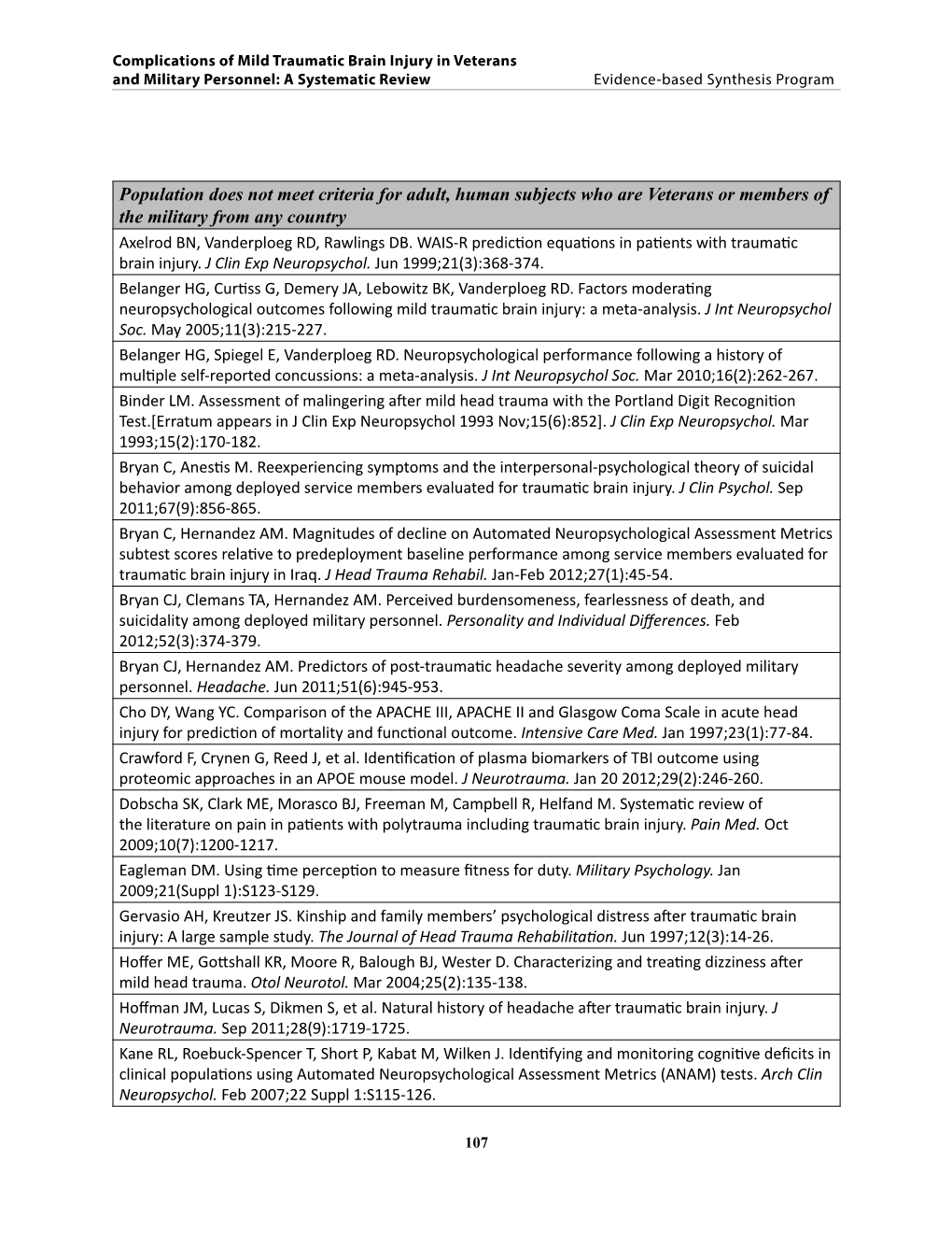 Complications of Mild Traumatic Brain Injury in Veterans and Military Personnel: a Systematic Review Evidence-Based Synthesis Program