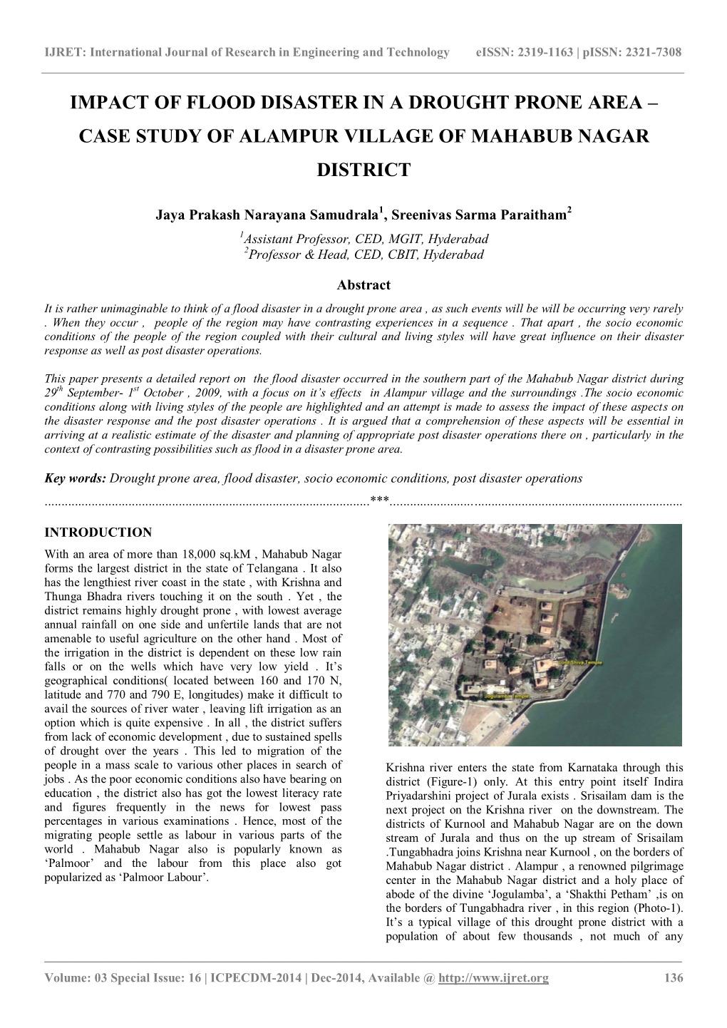 Impact of Flood Disaster in a Drought Prone Area – Case Study of Alampur Village of Mahabub Nagar District