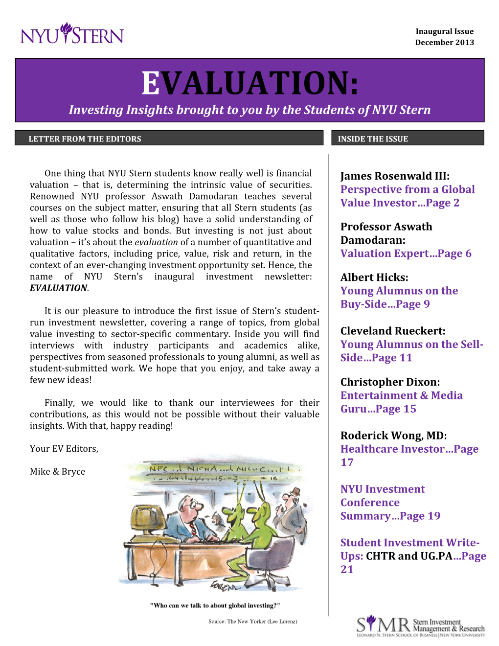 EVALUATION: Investing Insights Brought to You by the Students of NYU Stern