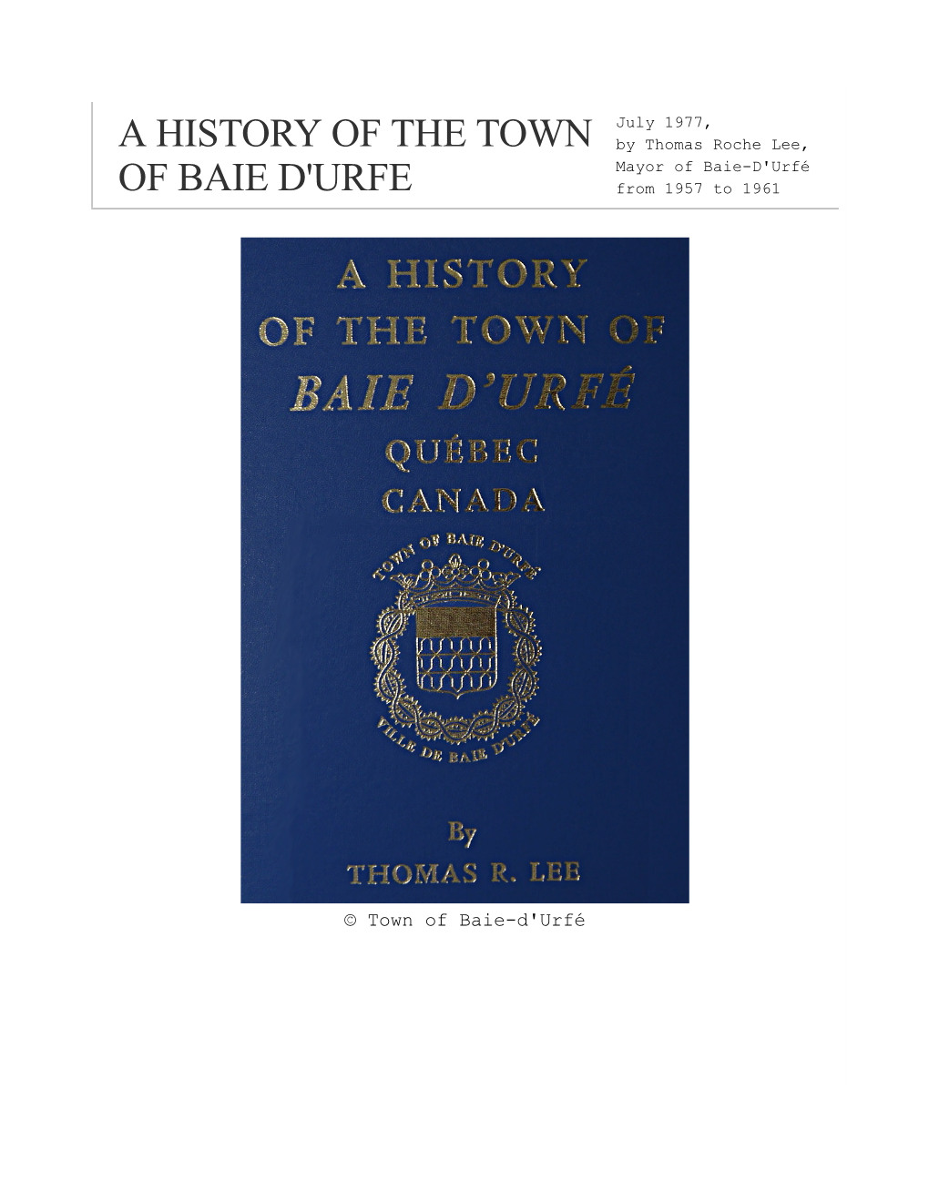 A History of the Town of Baie-D'urfé