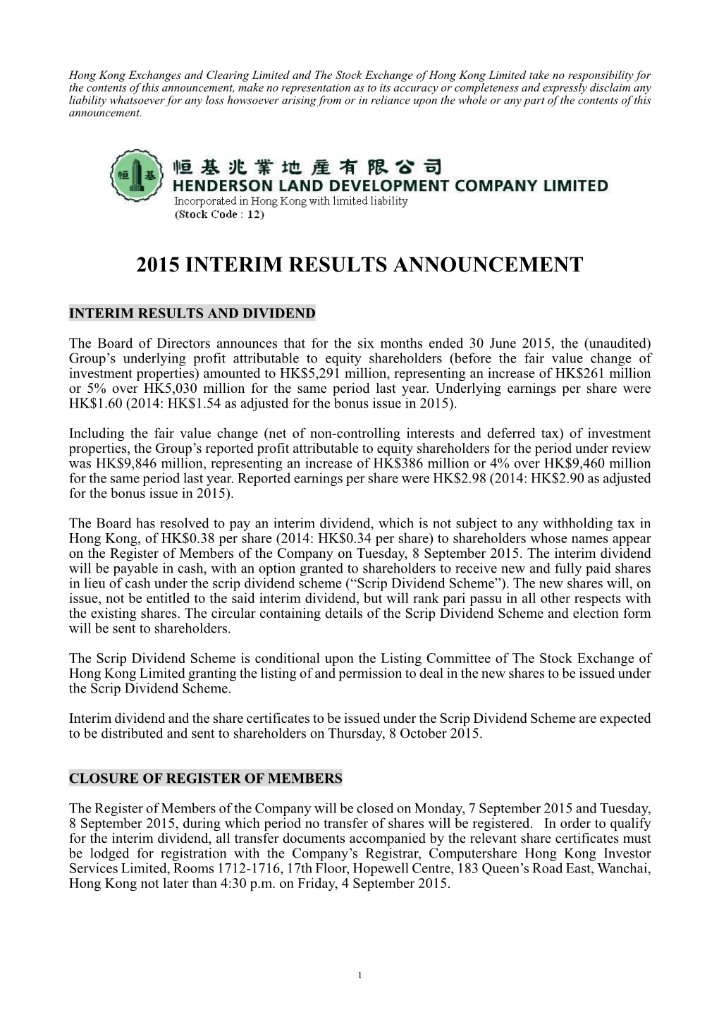 2015 Interim Results Announcement