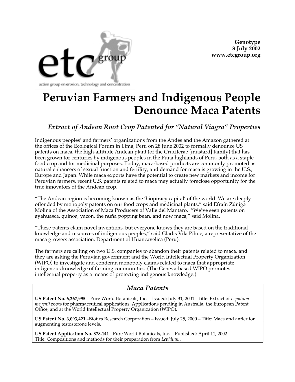 Peruvian Farmers and Indigenous People Denounce Maca Patents