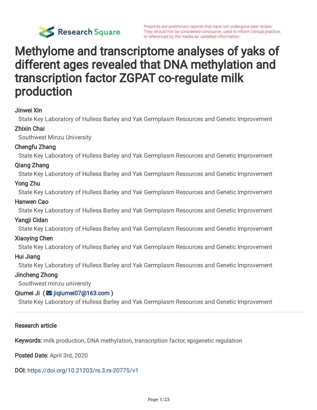 Methylome and Transcriptome Analyses of Yaks of Different Ages Revealed That DNA Methylation and Transcription Factor ZGPAT Co-Regulate Milk Production