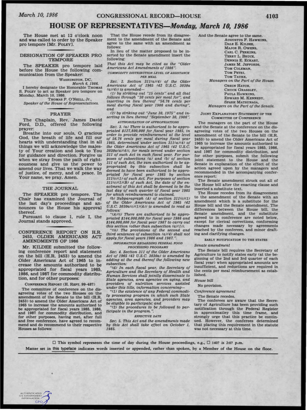 HOUSE of REPRESENTATIVES-Monday, March 10, 1986 the House Met at 12 O'clock Noon That the House Recede from Its Disagree­ and the Senate Agree to the Same